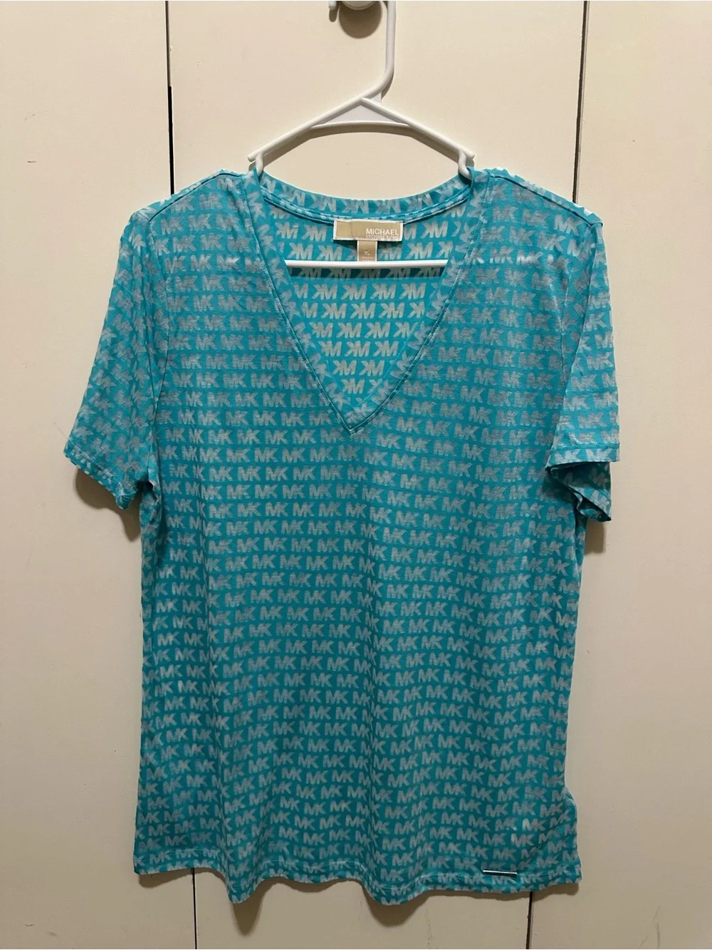 Michael Kors Turquoise MK Logo V-Neck Short Sleeve Tee